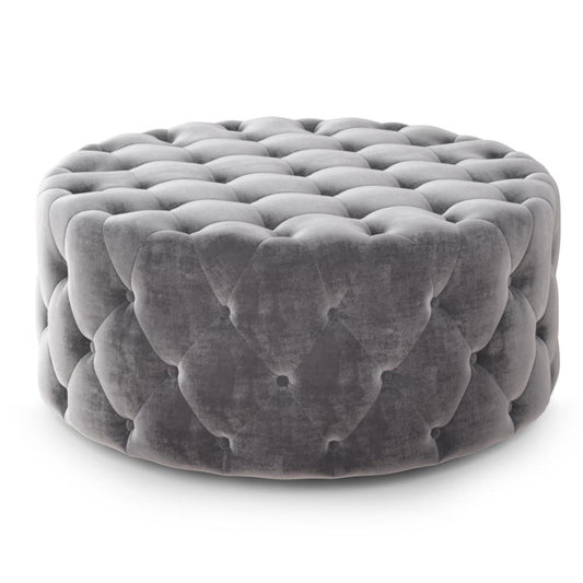 Grey Velvet Fabric | Bergen Round Tufted Ottoman