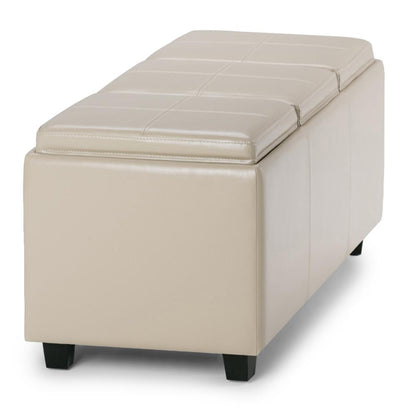 Satin Cream Vegan Leather | Avalon Linen Look Storage Ottoman with Three Trays