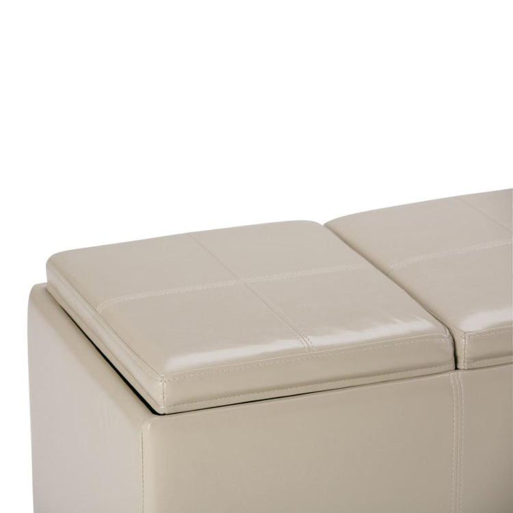 Satin Cream Vegan Leather | Avalon Linen Look Storage Ottoman with Three Trays