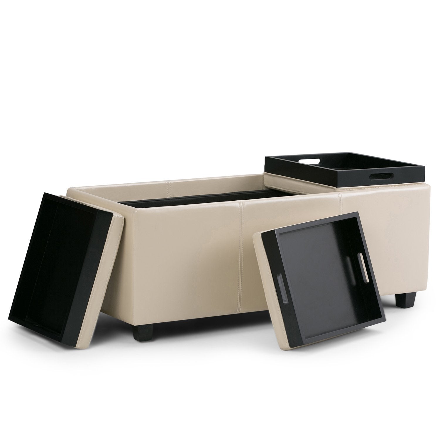 Satin Cream Vegan Leather | Avalon Linen Look Storage Ottoman with Three Trays