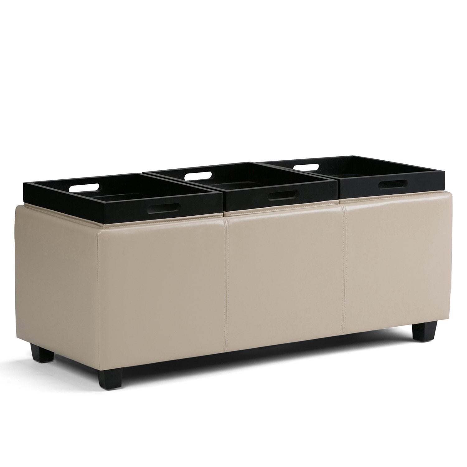 Satin Cream Vegan Leather | Avalon Linen Look Storage Ottoman with Three Trays