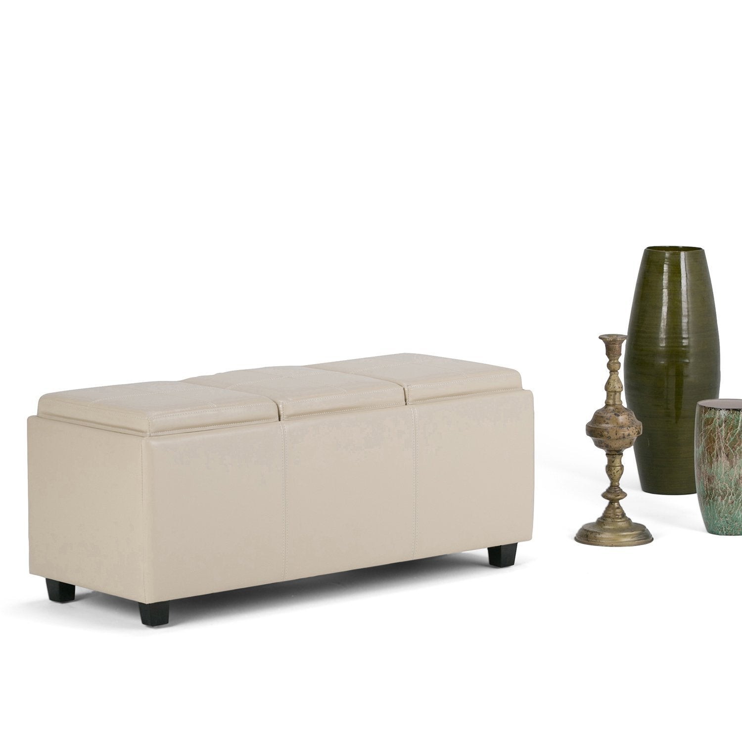 Satin Cream Vegan Leather | Avalon Linen Look Storage Ottoman with Three Trays