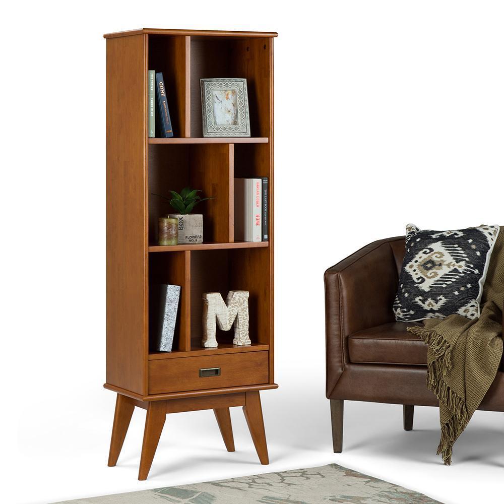 Teak Brown | Draper Mid Century 64 x 22 inch Bookcase with Storage in Medium Auburn Brown