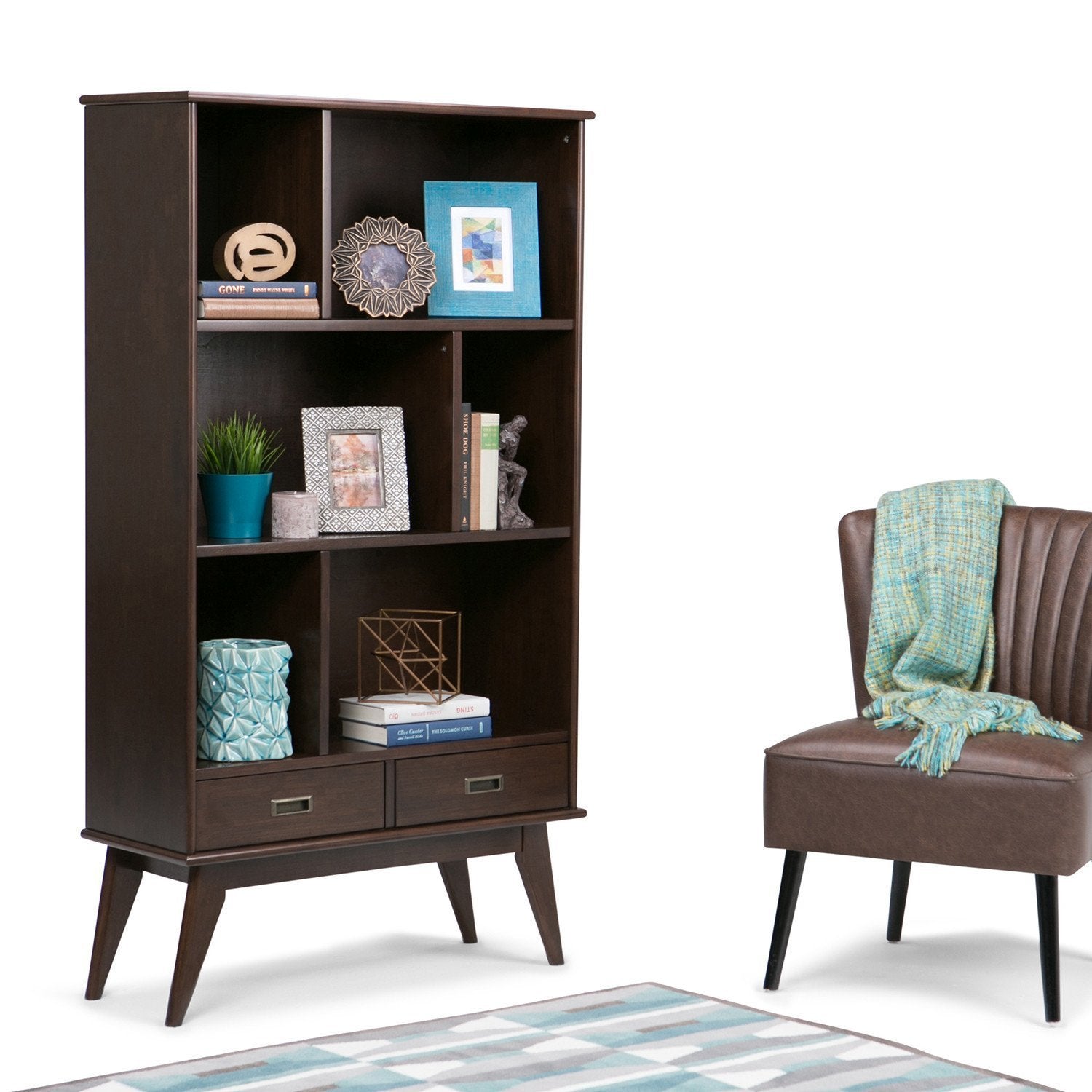 Medium Auburn Brown | Draper Mid Century 64 x 35 inch Wide Bookcase with Storage