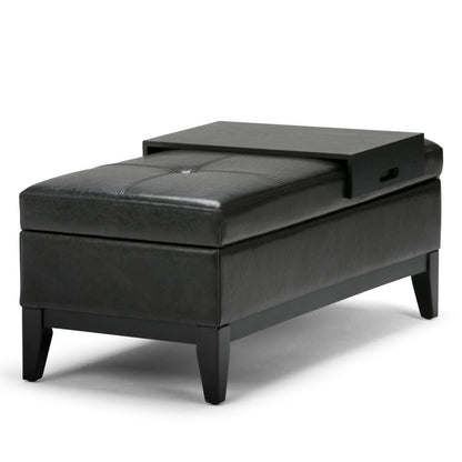 Midnight Black Vegan Leather | Oregon Vegan Leather Storage Ottoman with Tray