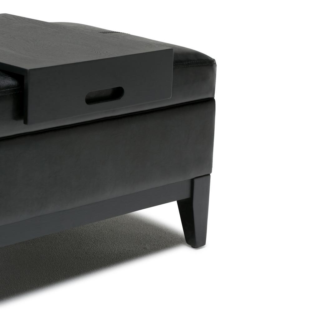 Midnight Black Vegan Leather | Oregon Vegan Leather Storage Ottoman with Tray