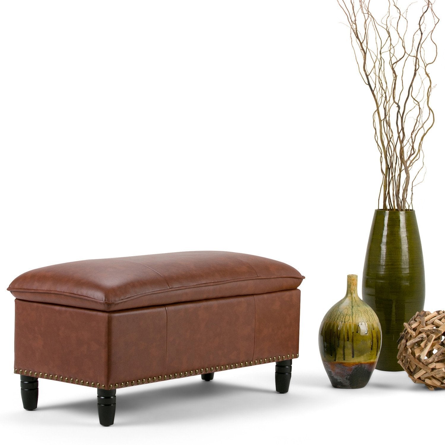 Cognac Vegan Leather | Emily Vegan Leather Storage Ottoman