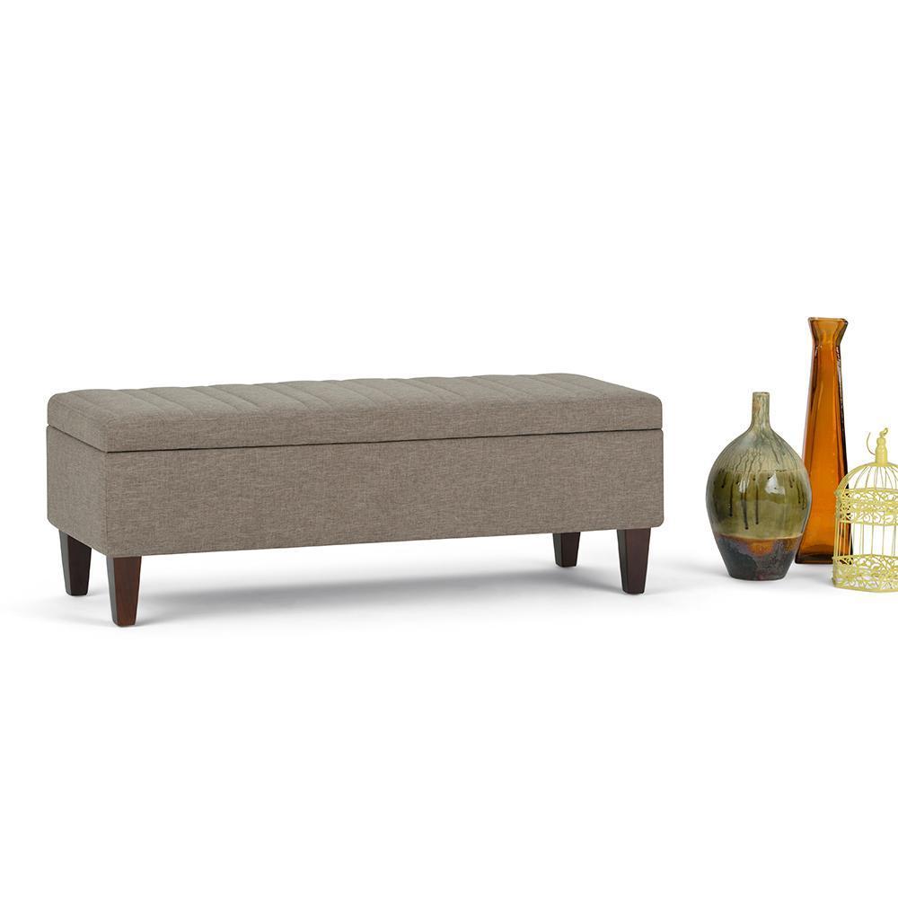 Fawn Brown Linen Style Fabric | Monroe Storage Ottoman in Vegan Leather