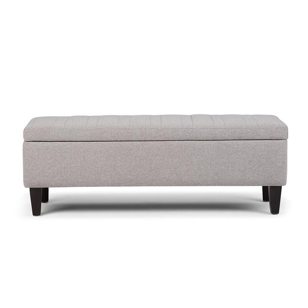 Cloud Grey Linen Style Fabric | Monroe Storage Ottoman in Vegan Leather