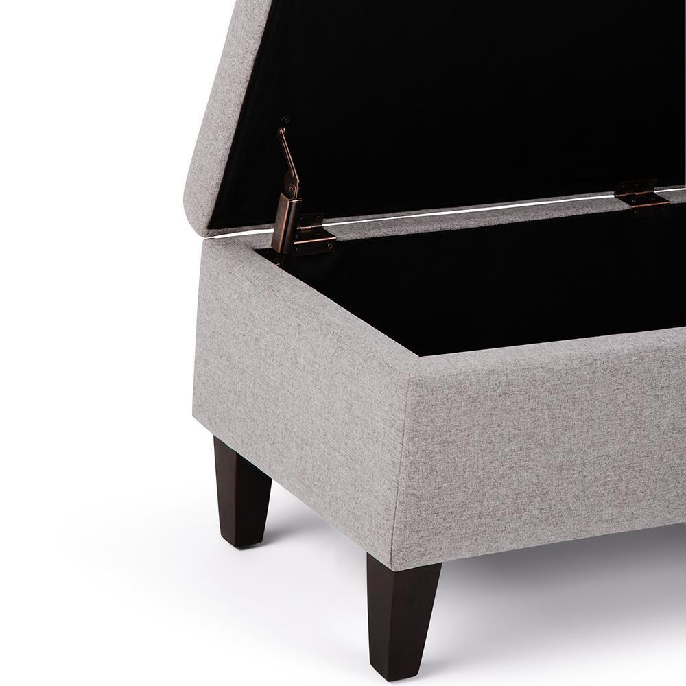 Cloud Grey Linen Style Fabric | Monroe Storage Ottoman in Vegan Leather