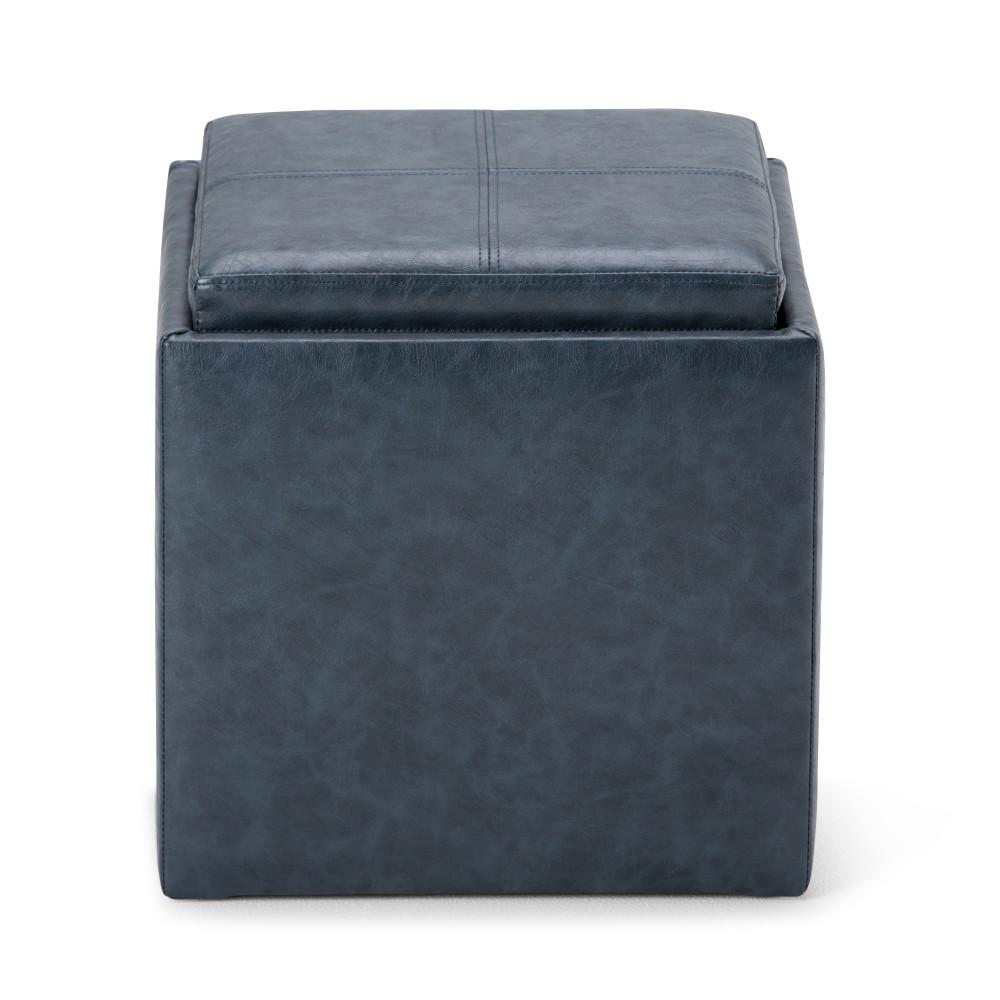 Denim Blue Vegan Leather | Rockwood Vegan Leather Cube Storage Ottoman with Tray