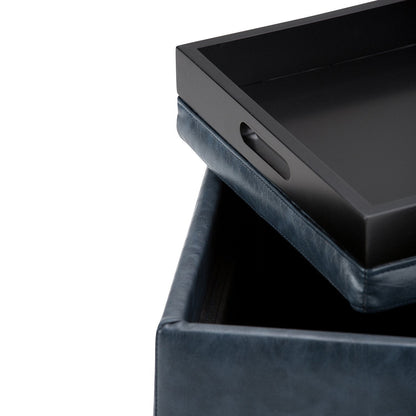 Denim Blue Vegan Leather | Rockwood Vegan Leather Cube Storage Ottoman with Tray