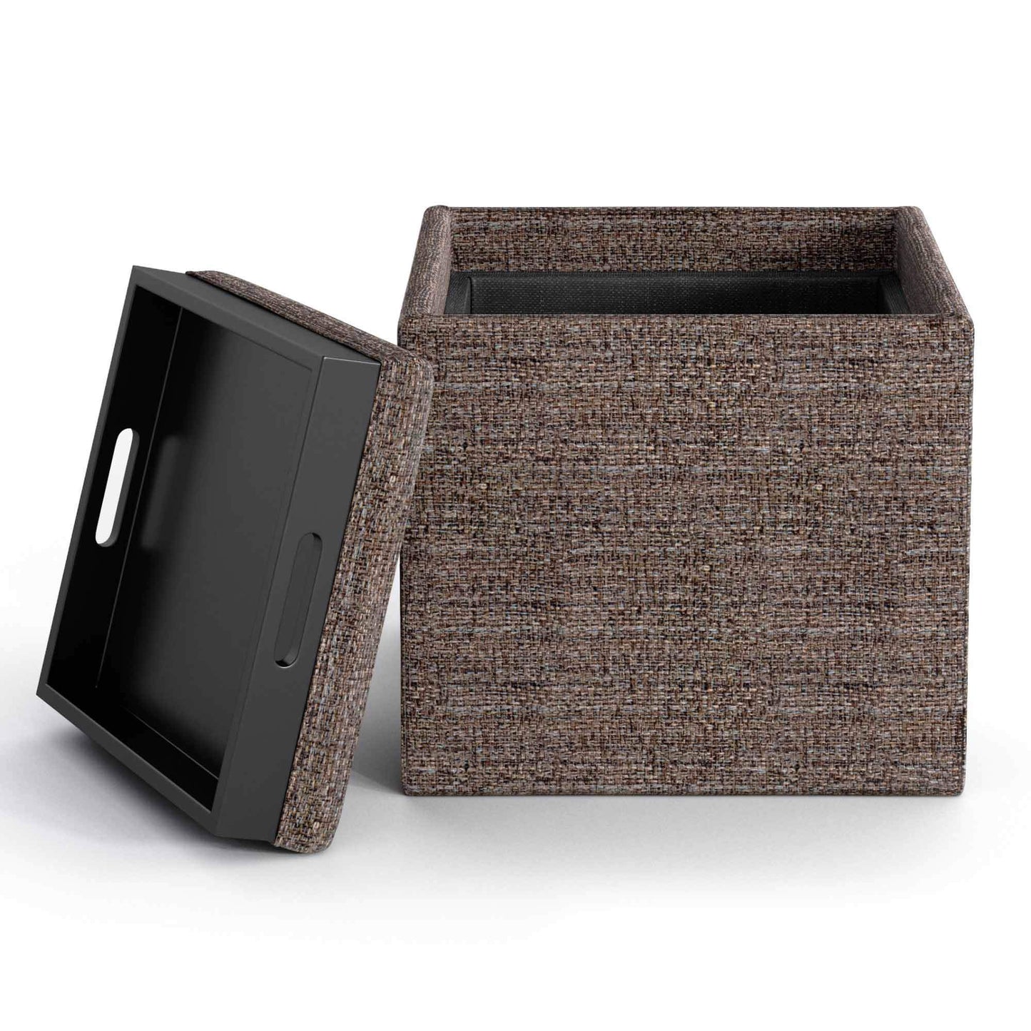 Mink Brown Tweed Style Fabric | Rockwood Vegan Leather Cube Storage Ottoman with Tray