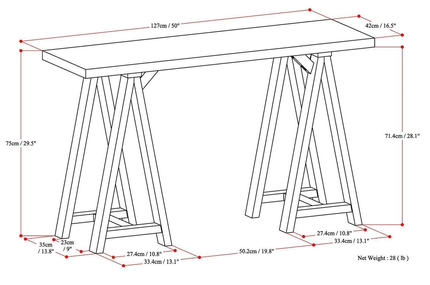 Dark Chestnut Brown | Sawhorse 50 inch Console Sofa Table