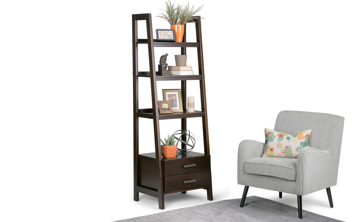 Dark Chestnut Brown | Sawhorse 24 inch Ladder Shelf with Storage