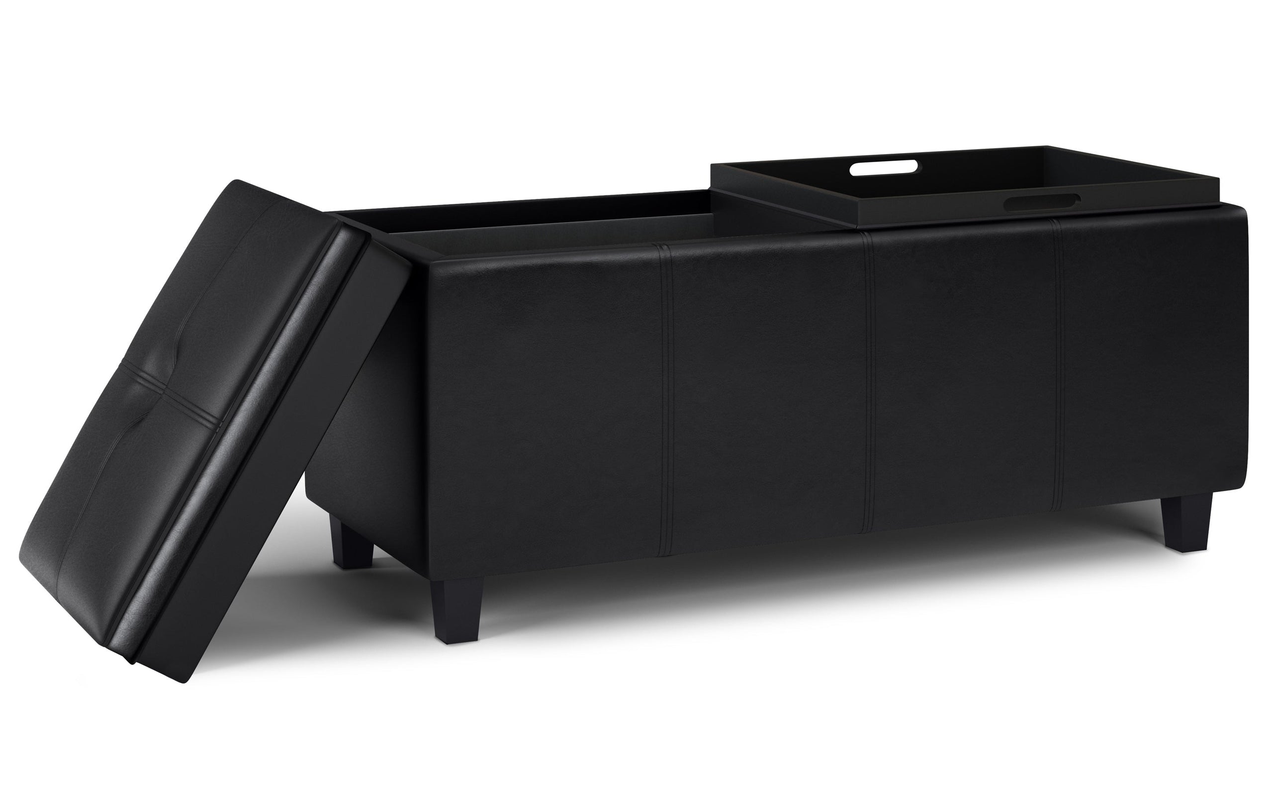 Midnight Black Vegan Leather | Avalon 2 Tray Storage Ottoman