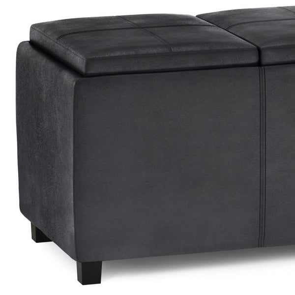 Distressed Black Distressed Vegan Leather | Avalon Linen Look Storage Ottoman with Three Trays