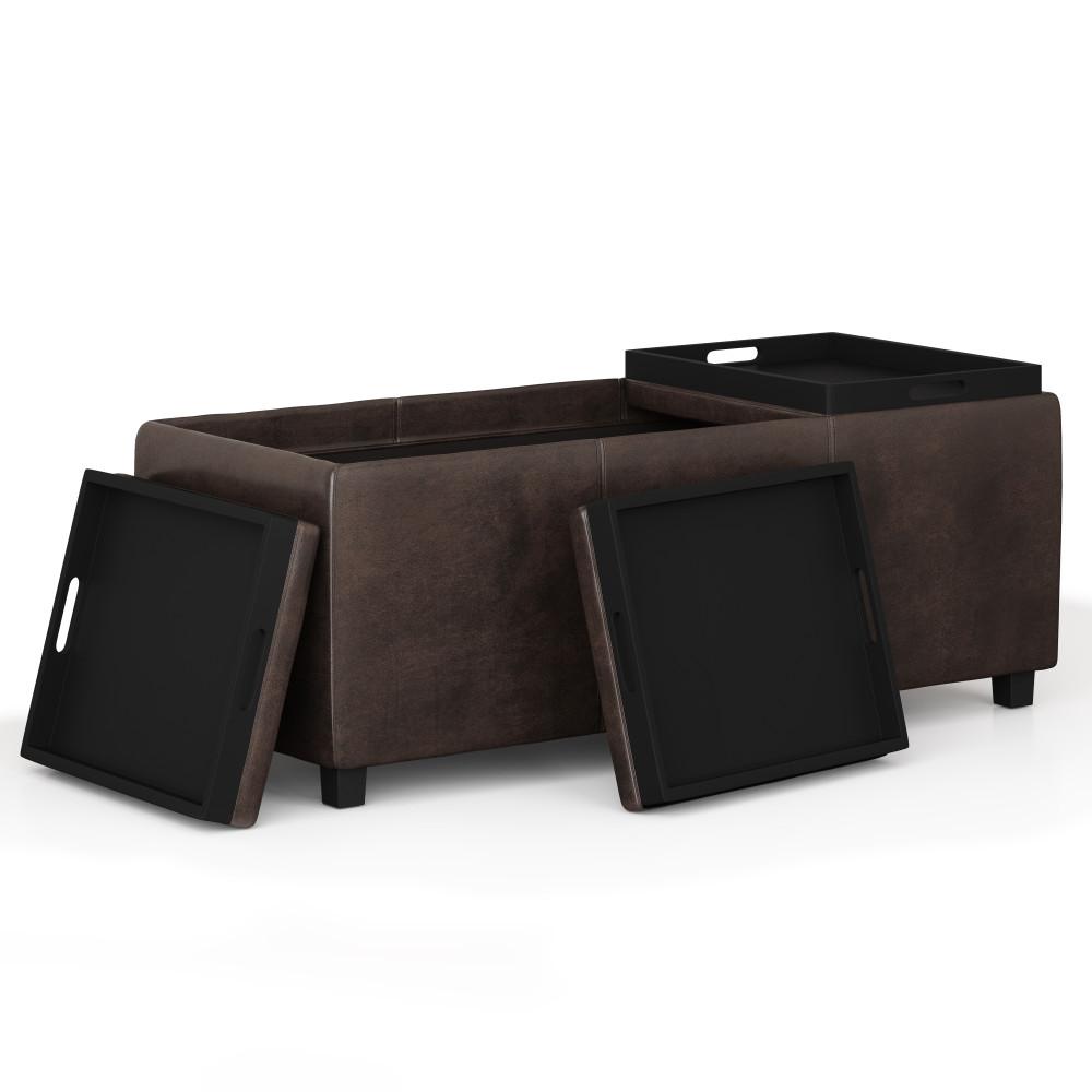  Distressed Brown Distressed Vegan Leather | Avalon Linen Look Storage Ottoman with Three Trays