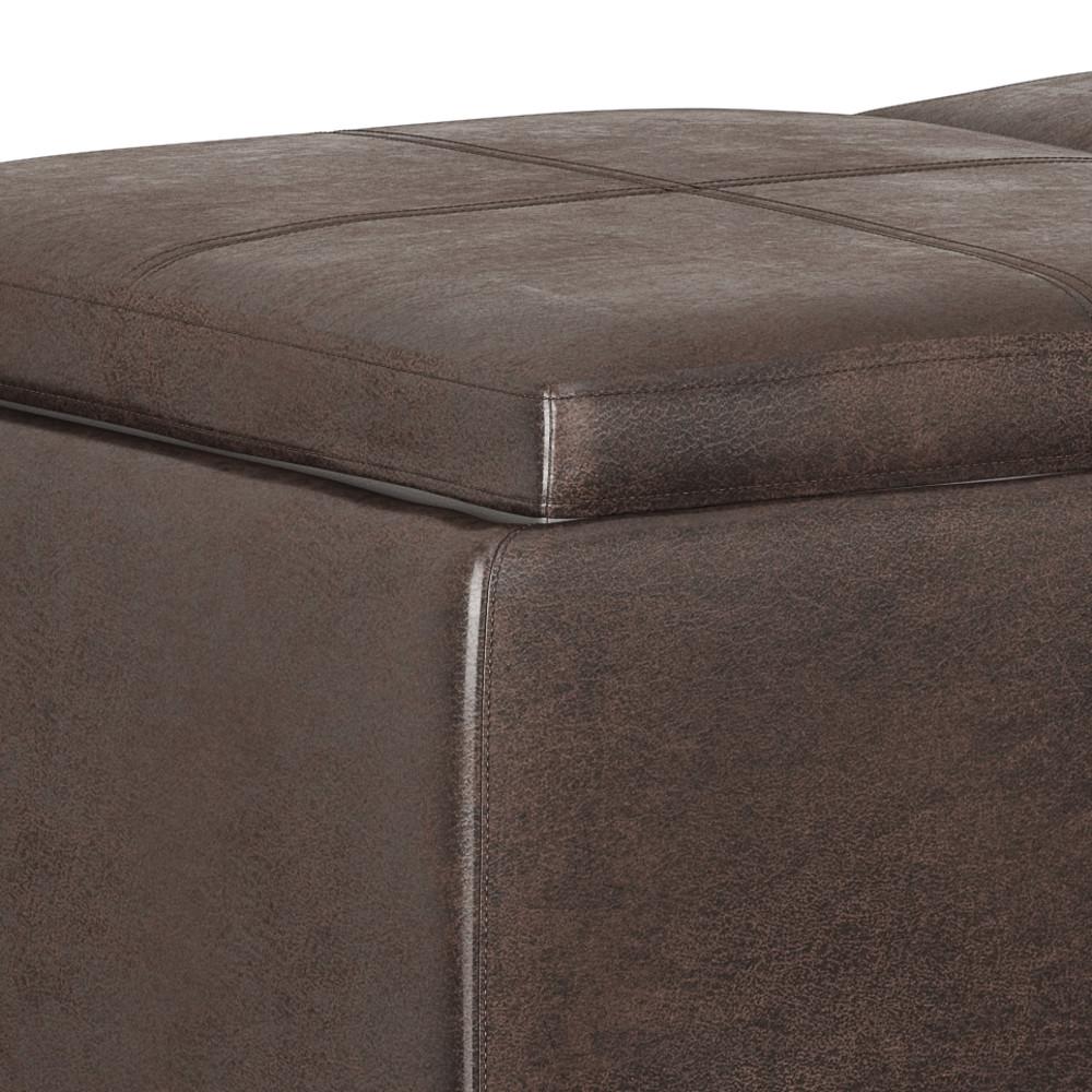  Distressed Brown Distressed Vegan Leather | Avalon Linen Look Storage Ottoman with Three Trays