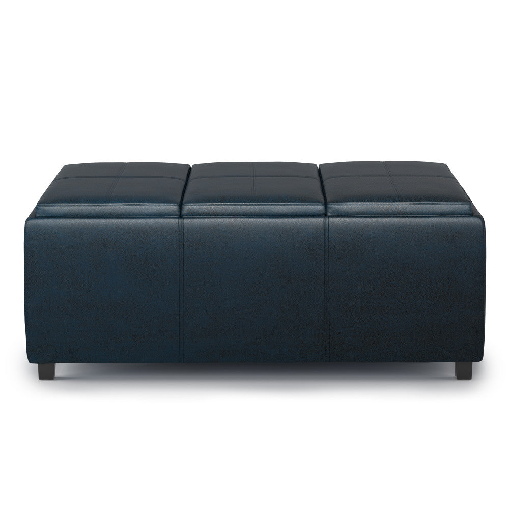 Distressed Dark Blue Distressed Vegan Leather | Avalon Linen Look Storage Ottoman with Three Trays