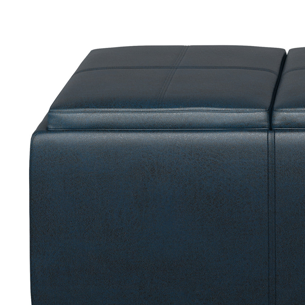 Distressed Dark Blue Distressed Vegan Leather | Avalon Linen Look Storage Ottoman with Three Trays