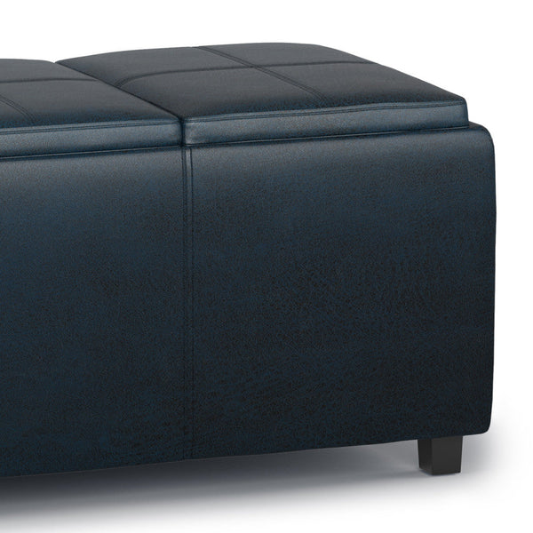 Distressed Dark Blue Distressed Vegan Leather | Avalon Linen Look Storage Ottoman with Three Trays