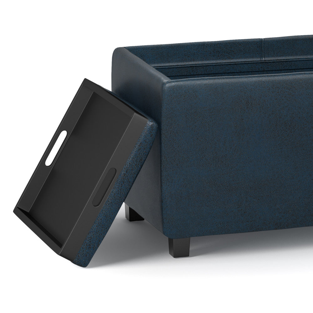 Distressed Dark Blue Distressed Vegan Leather | Avalon Linen Look Storage Ottoman with Three Trays