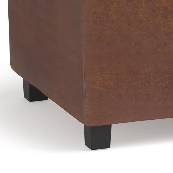 Distressed Saddle Brown Distressed Vegan Leather | Avalon Linen Look Storage Ottoman with Three Trays