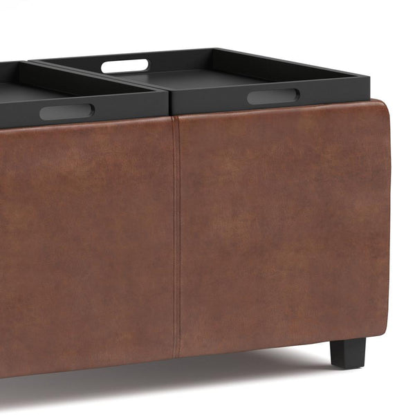 Distressed Saddle Brown Distressed Vegan Leather | Avalon Linen Look Storage Ottoman with Three Trays