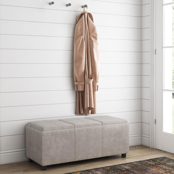 Distressed Grey Taupe Distressed Vegan Leather | Avalon Linen Look Storage Ottoman with Three Trays