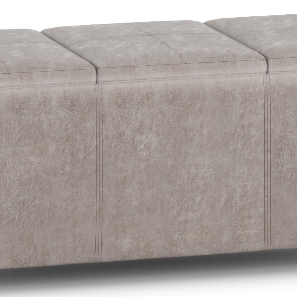 Distressed Grey Taupe Distressed Vegan Leather | Avalon Linen Look Storage Ottoman with Three Trays