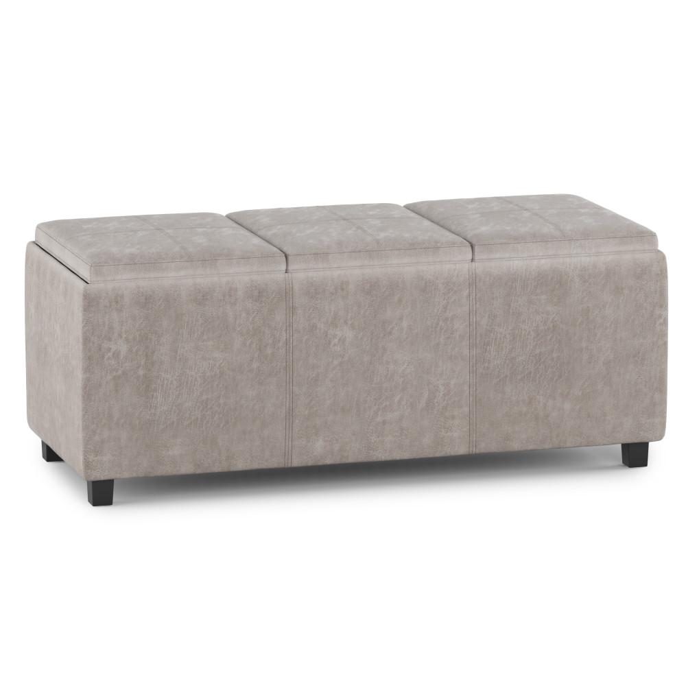 Distressed Grey Taupe Distressed Vegan Leather | Avalon Linen Look Storage Ottoman with Three Trays