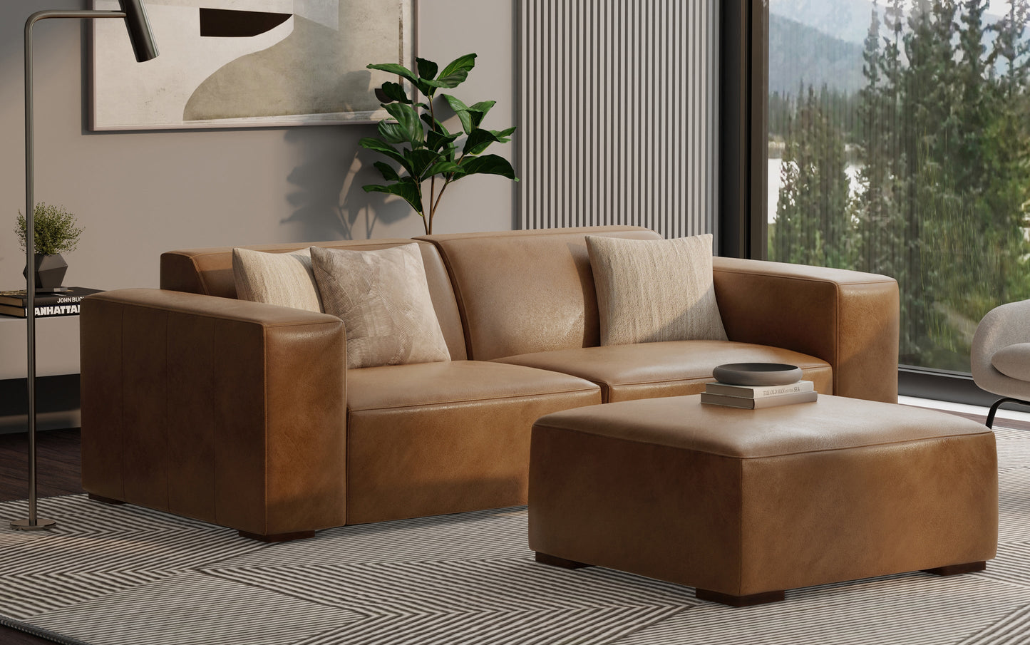 Caramel Brown Genuine Leather | Rex 2 Seater Sofa and Ottoman in Genuine Leather