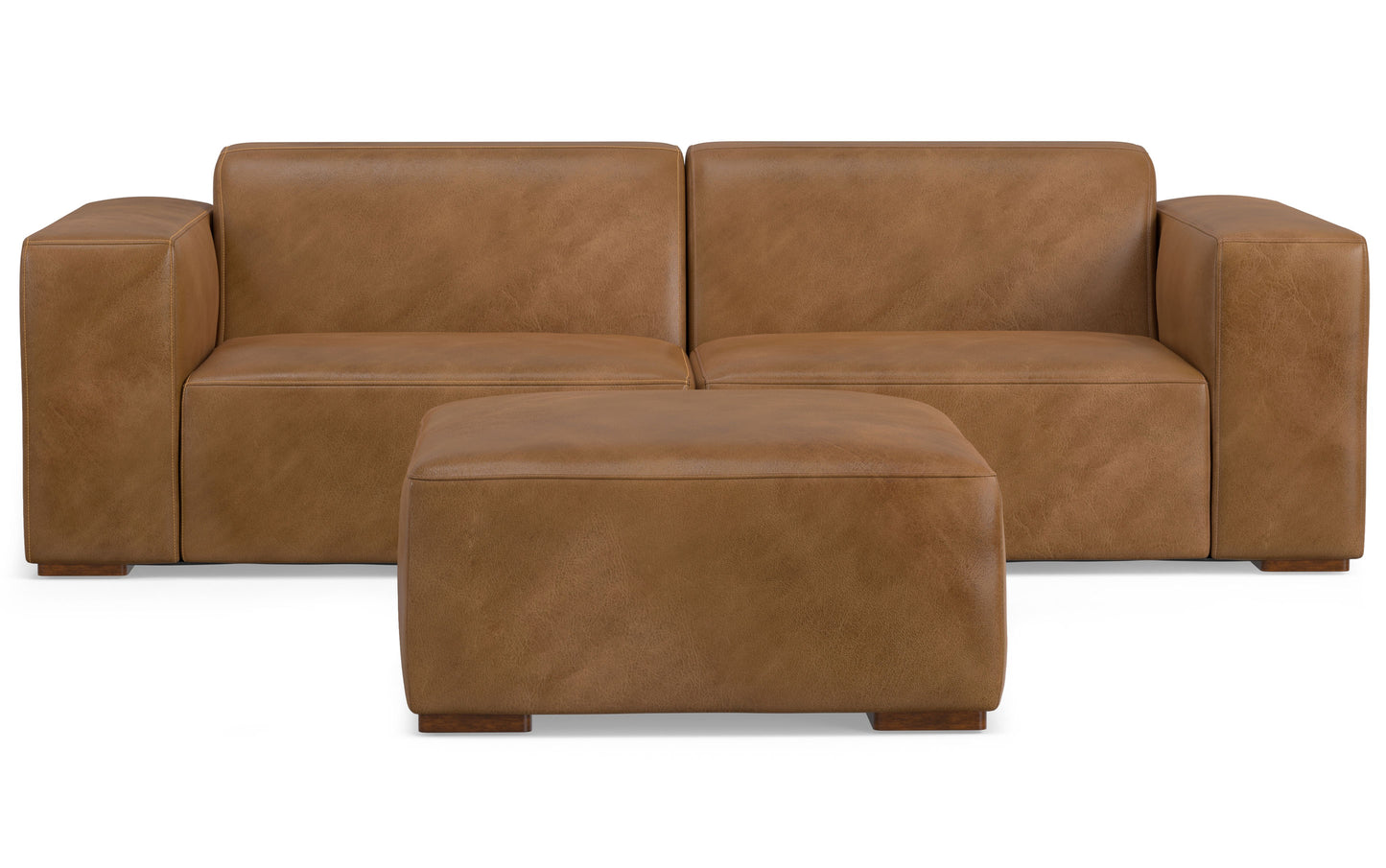 Caramel Brown Genuine Leather | Rex 2 Seater Sofa and Ottoman in Genuine Leather