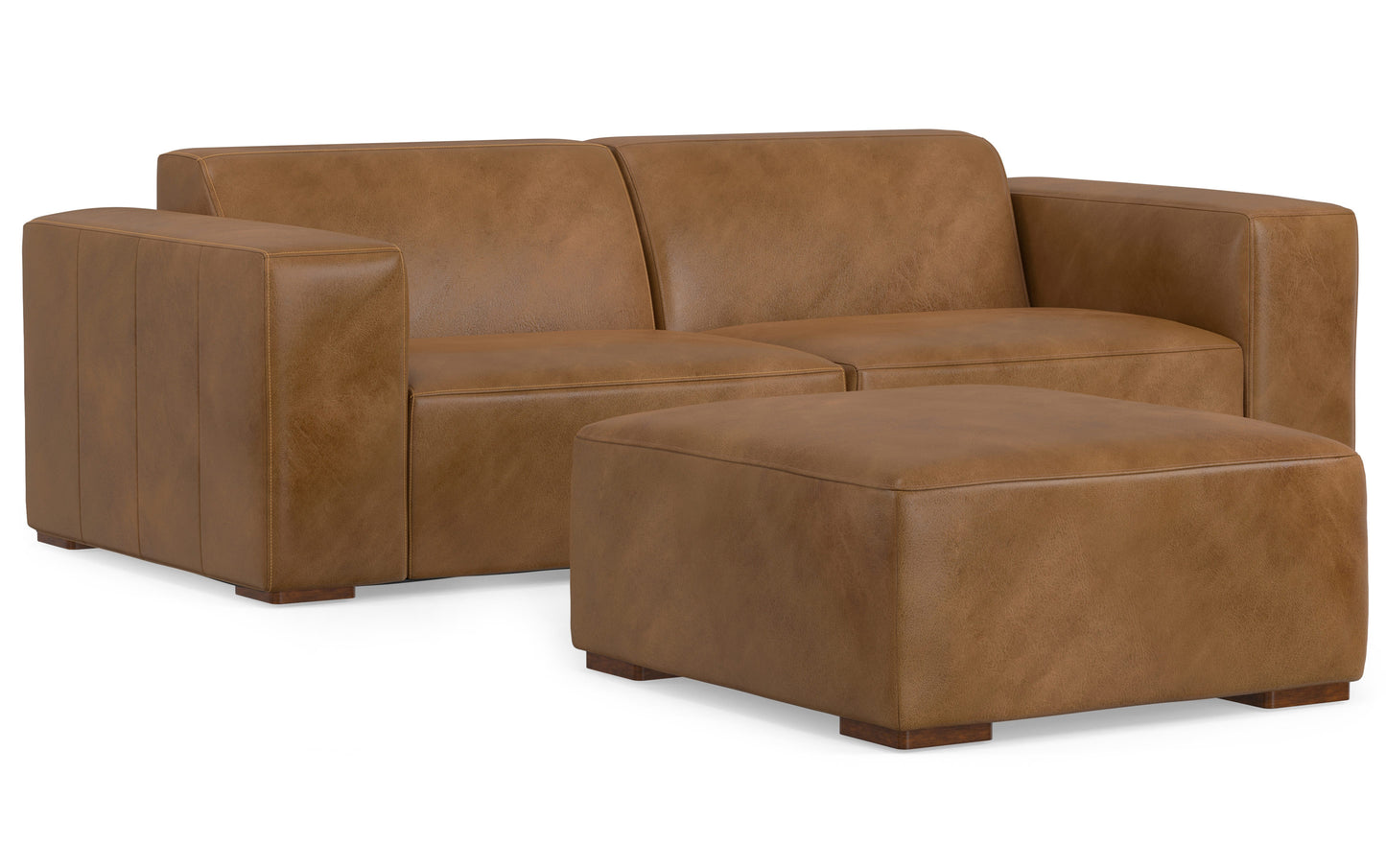 Caramel Brown Genuine Leather | Rex 2 Seater Sofa and Ottoman in Genuine Leather