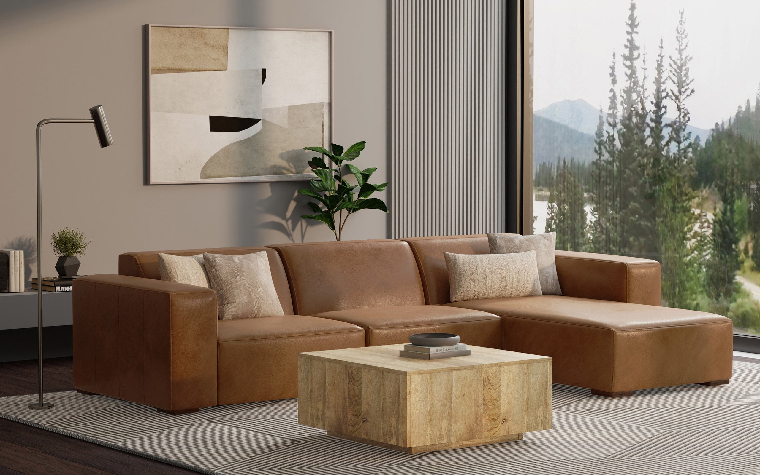 Sienna Genuine Leather | Rex Right Sectional and Ottoman in Genuine Leather