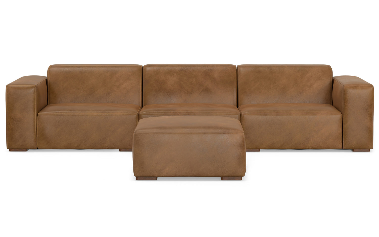 Caramel Brown Genuine Leather | Rex 3 Seater Sofa and Ottoman in Genuine Leather