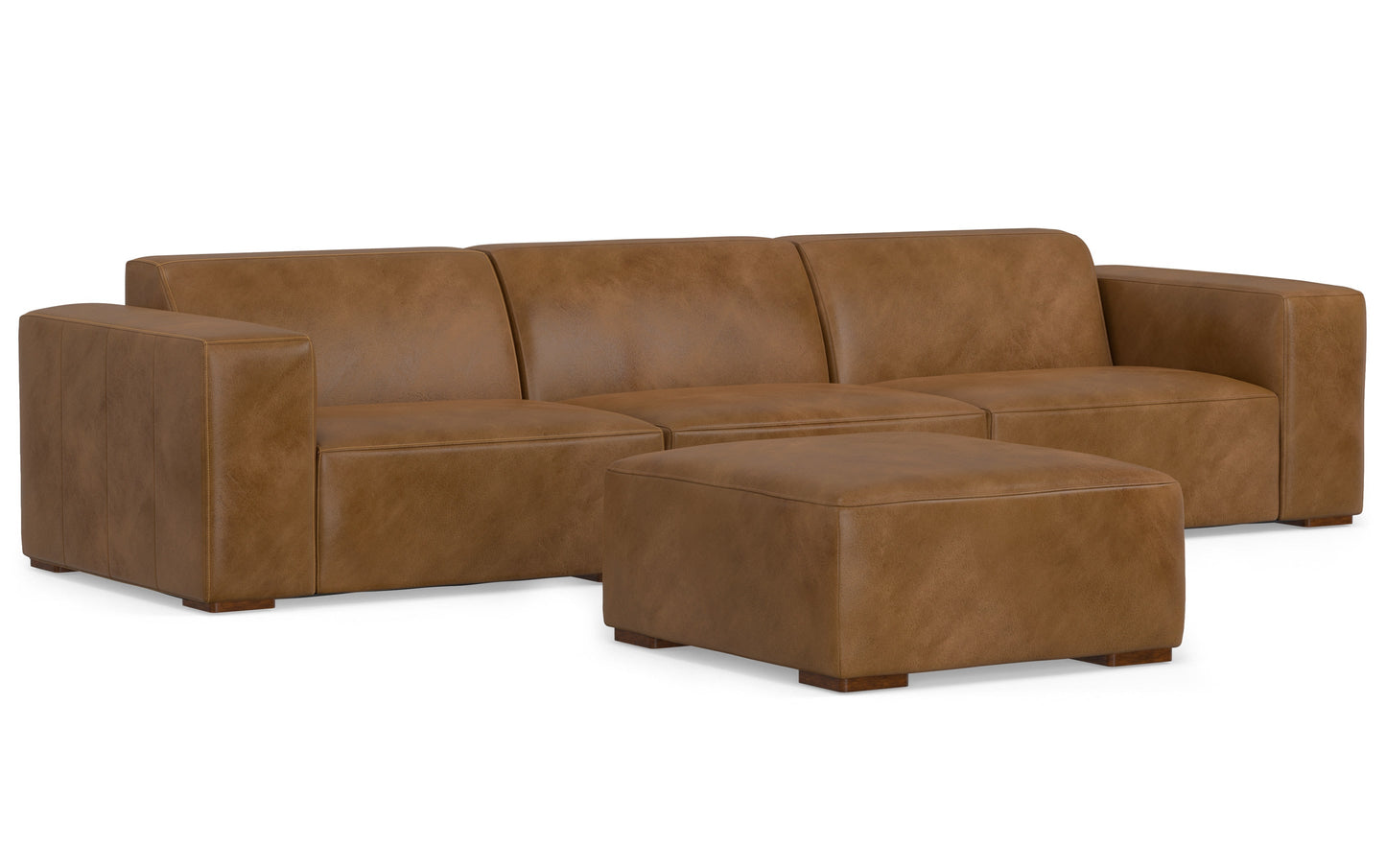 Caramel Brown Genuine Leather | Rex 3 Seater Sofa and Ottoman in Genuine Leather