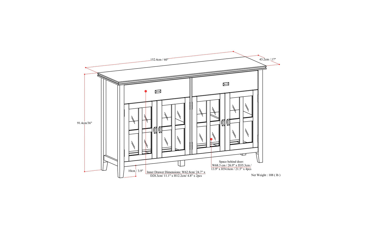 Dark Chestnut Brown | Artisan Large 4 Door Sideboard Buffet