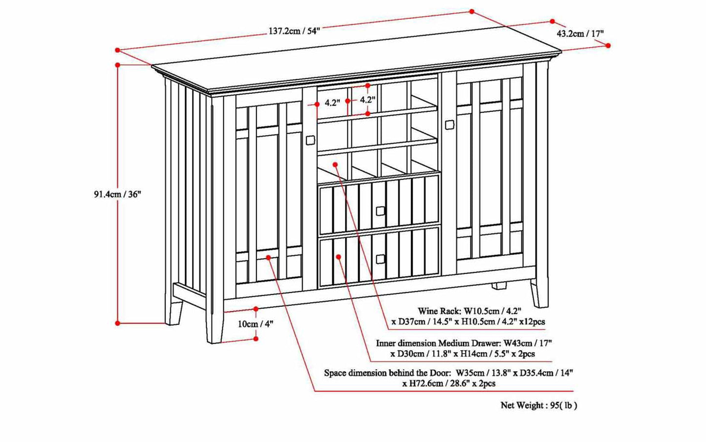 Light Golden Brown | Bedford Sideboard Buffet & Winerack