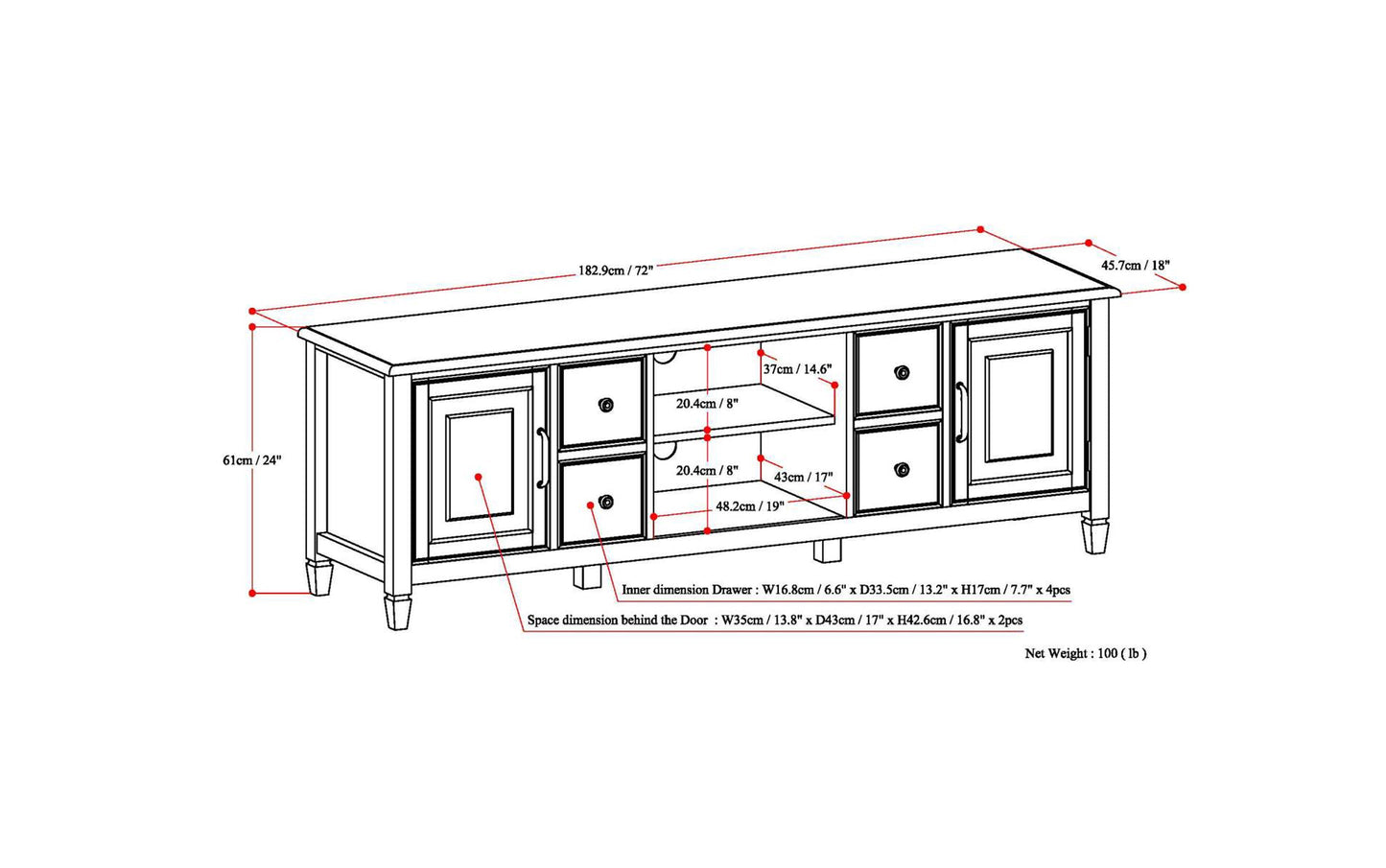 Antique White | Connaught 72 x 18 x 24 inch Wide TV Stand