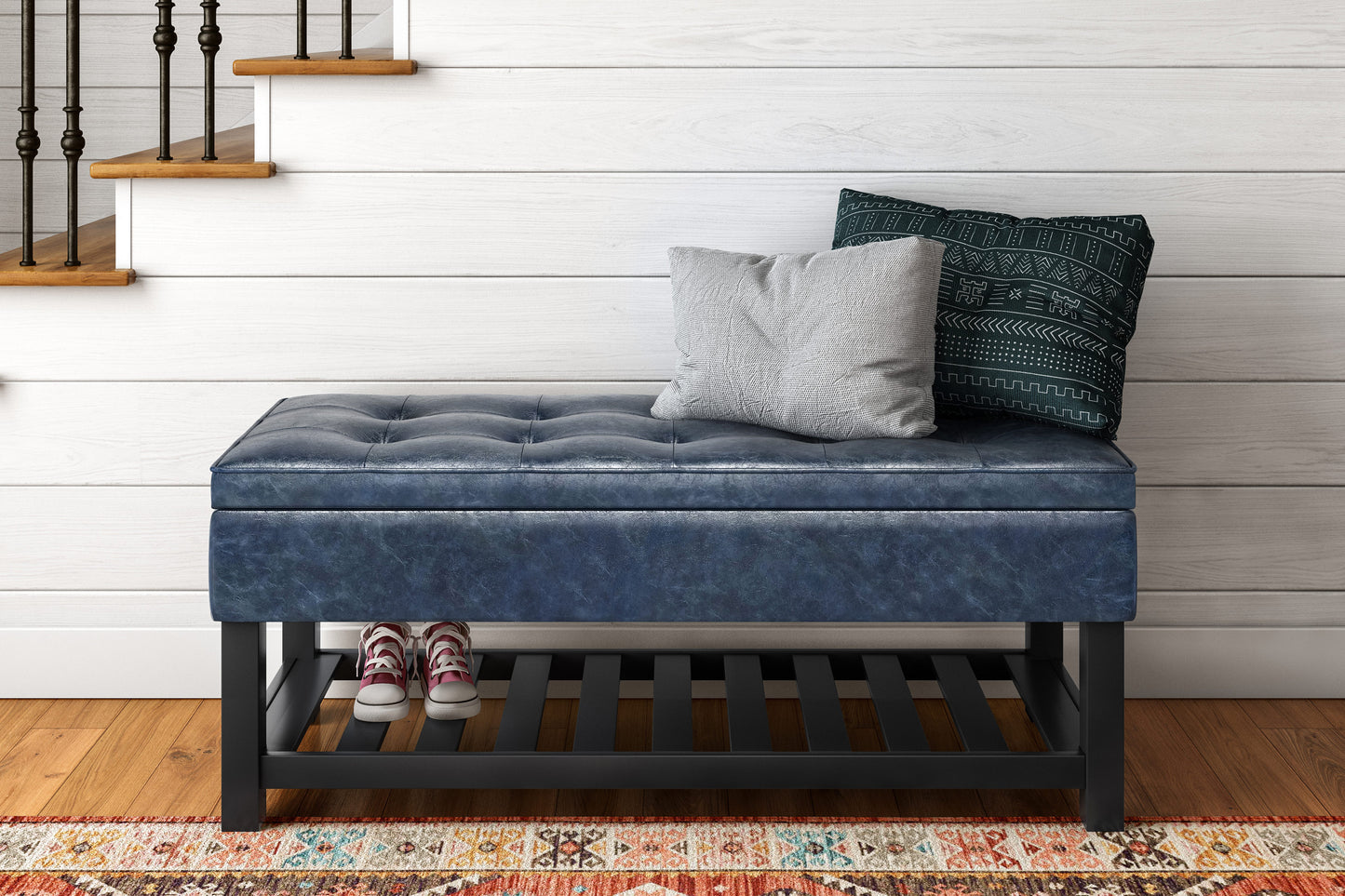 Denim Blue Vegan Leather | Cosmopolitan Entryway Storage Ottoman Bench