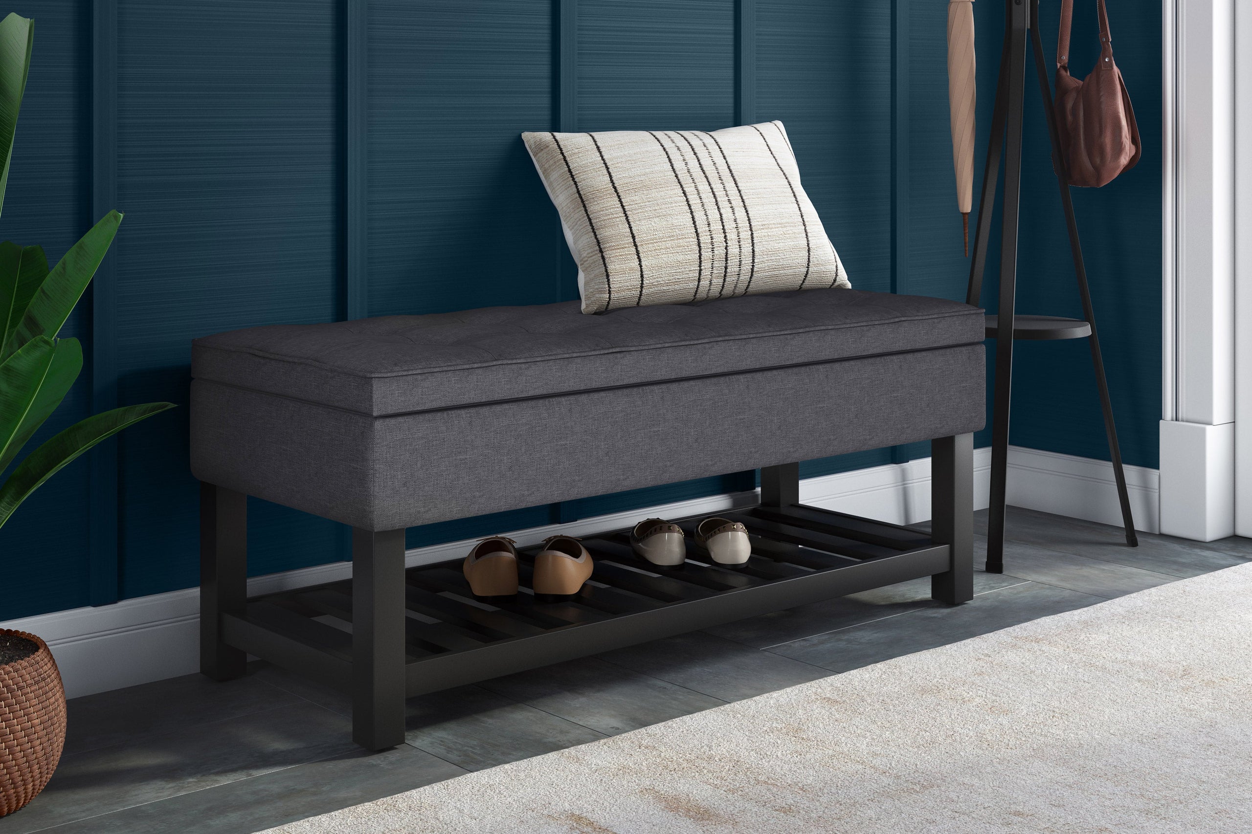 Slate Grey Linen Style Fabric | Cosmopolitan Entryway Storage Ottoman Bench