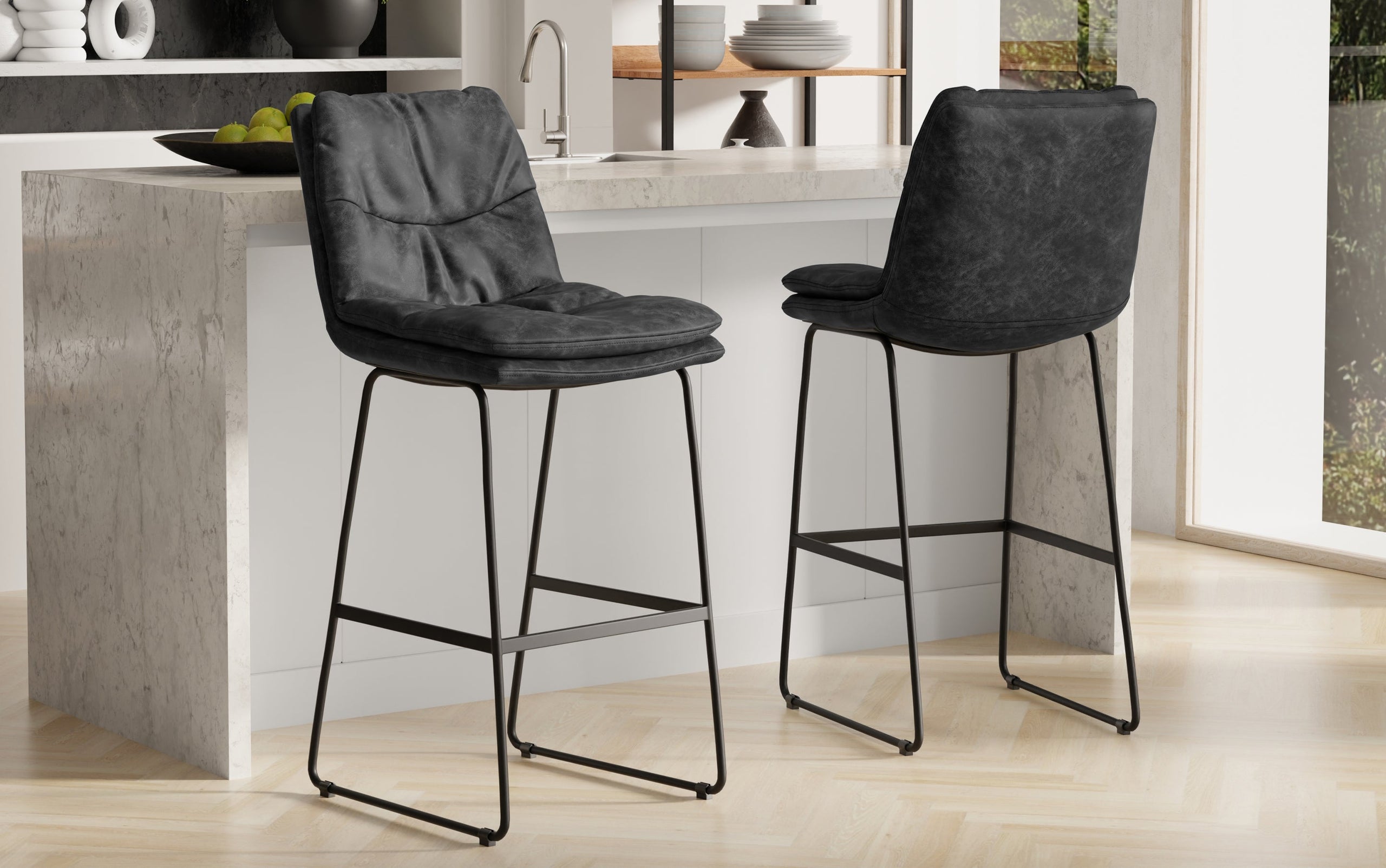 Distressed Charcoal Grey Vegan Faux Leather | Danika Bar Stool (Set of 2)