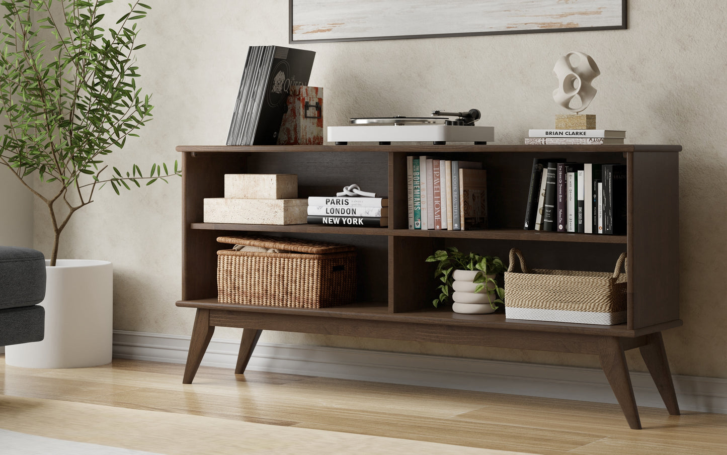 Walnut Brown Rubberwood | Draper Mid Century Low Bookcase