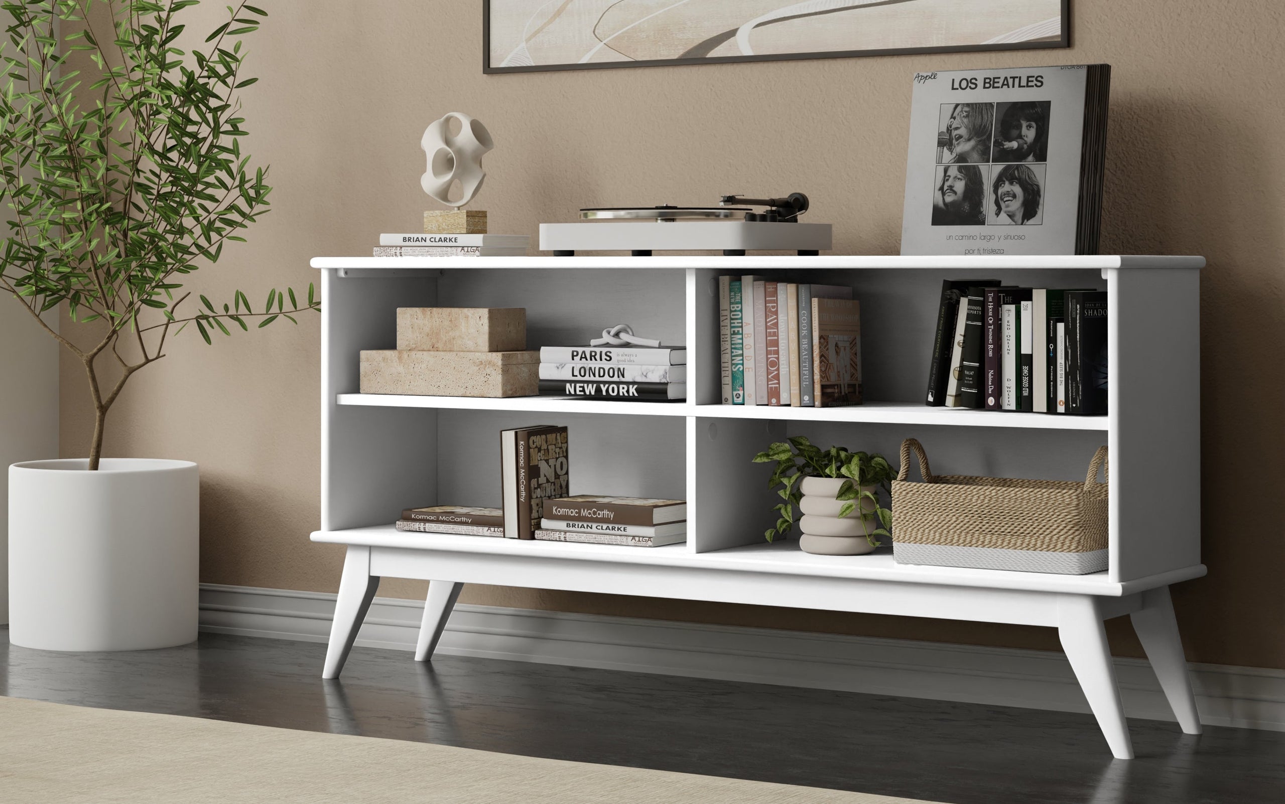 White Rubberwood | Draper Mid Century Low Bookcase