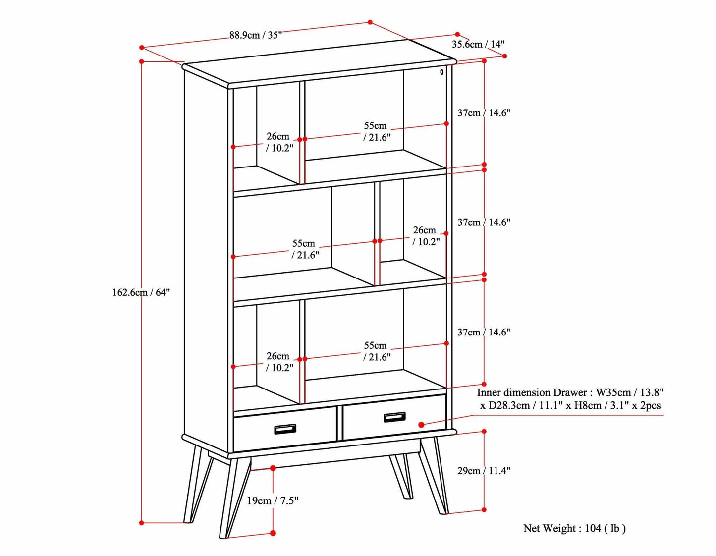 White | Draper Mid Century 64 x 35 inch Wide Bookcase with Storage