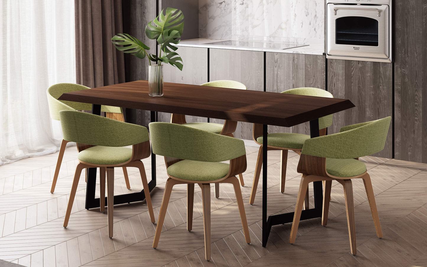 Acid Green Linen Style Fabric | Lowell 7 Piece Dining Set