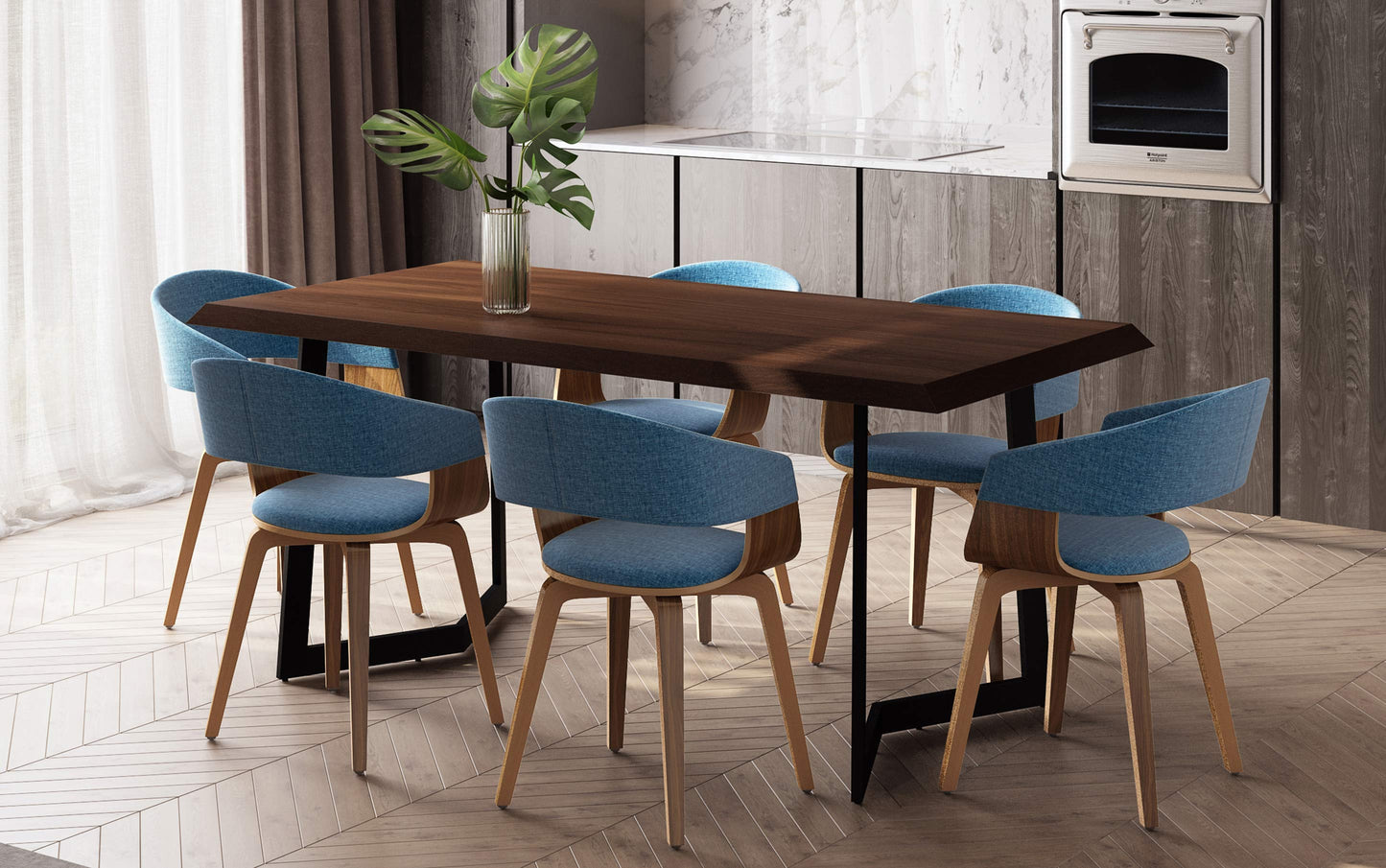 Blue Linen Style Fabric | Lowell 7 Piece Dining Set