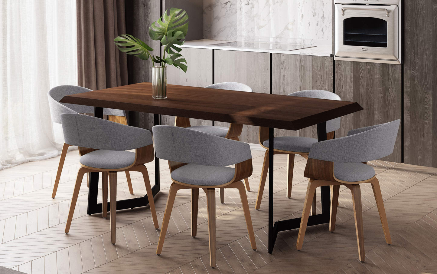 Light Grey Linen Style Fabric | Lowell 7 Piece Dining Set